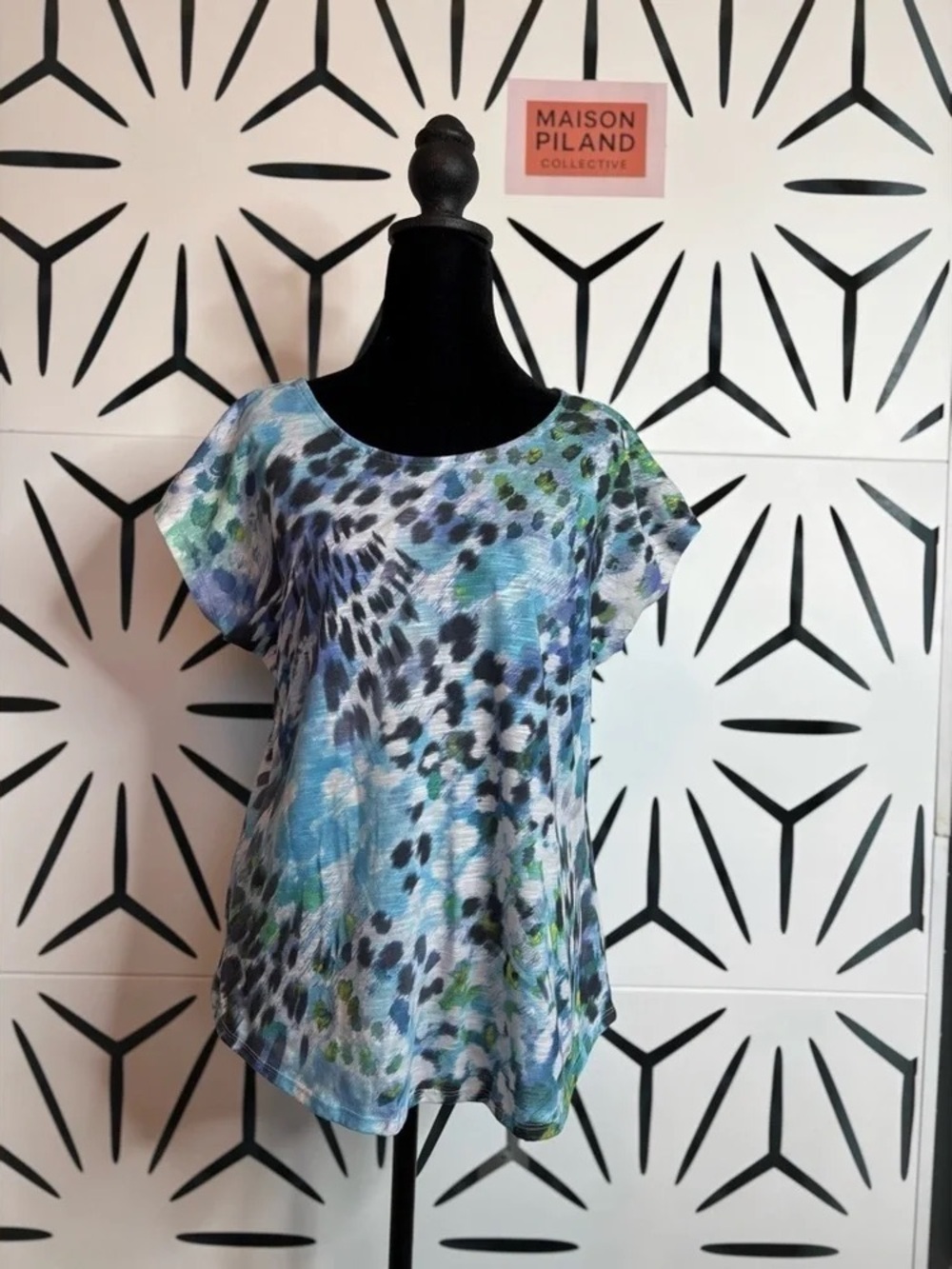 Maison Piland Blue Multi-Print Women’s Short Sleeve Top